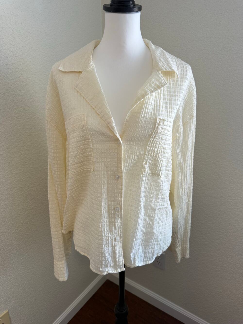 Madewell Women Shirt Seersucker Button Up XL Ivory Cream Long Sleeve Resort